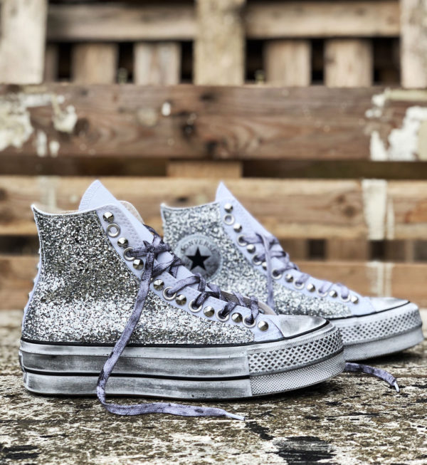 Le tue scarpe Converse PLATFORM HIGH White Glitter Silver personalizzate da  Blazelab - Store Online