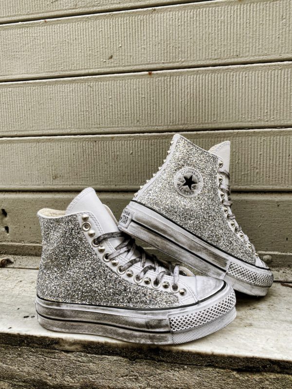 Le tue scarpe Converse Platform LEATHER WHITE GLITTER SILVER personalizzate  da Blazelab - Store Online
